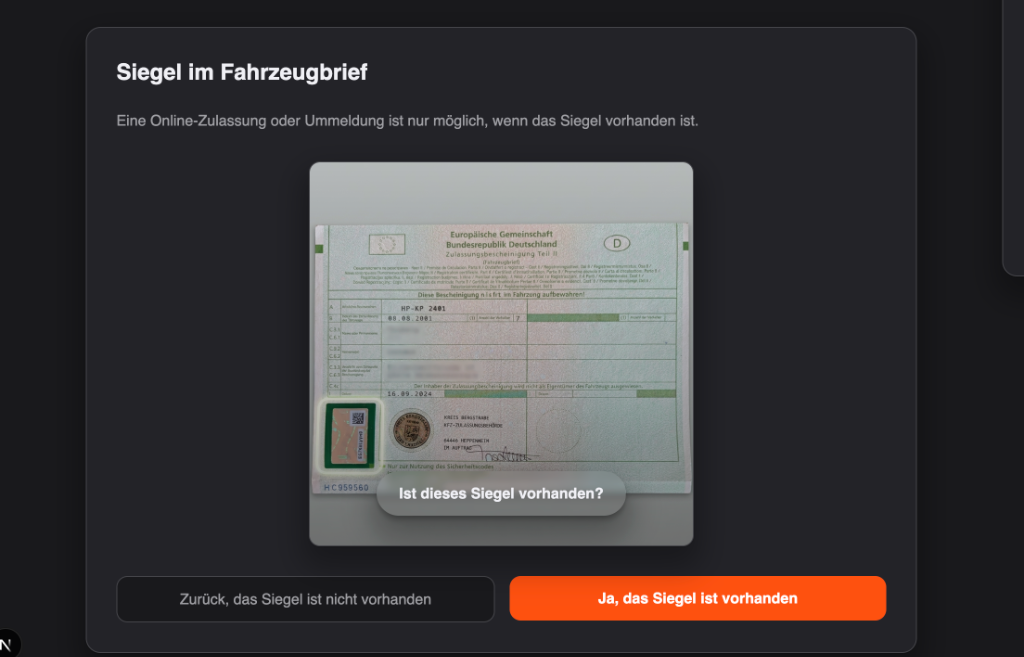 Sicherheitscode auf KFZ-Kennzeichen und Zulassungsbescheinigung freilegen